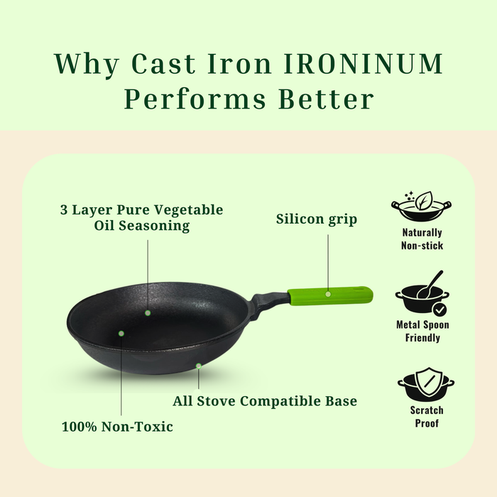 Ironium Cast Iron Pre-Seasoned Frying Pan 20 cm With Long Handle and Silicone Grip