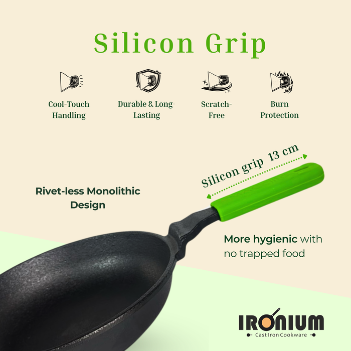 Ironium Cast Iron Pre-Seasoned Frying Pan 20 cm With Long Handle and Silicone Grip