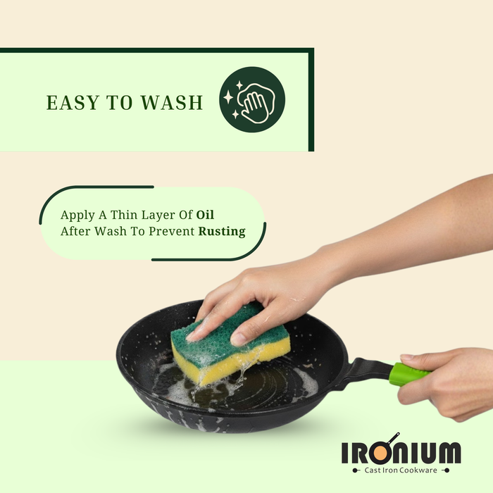 Ironium Cast Iron Pre-Seasoned Frying Pan 20 cm With Long Handle and Silicone Grip