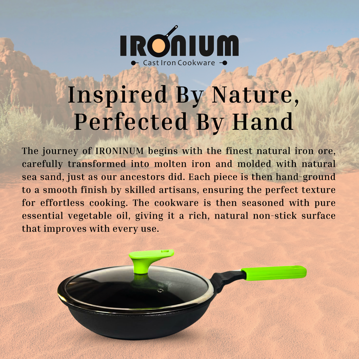 Ironium Cast Iron Pre-Seasoned Frying Pan with Glass Lid 20 cm With Long Handle and Silicone Grip