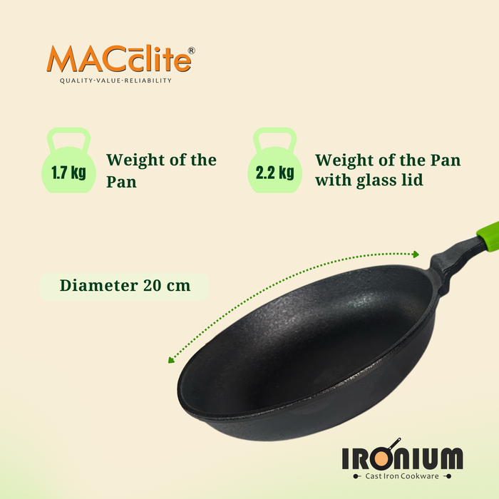 Ironium Cast Iron Pre-Seasoned Frying Pan with Glass Lid 20 cm With Long Handle and Silicone Grip