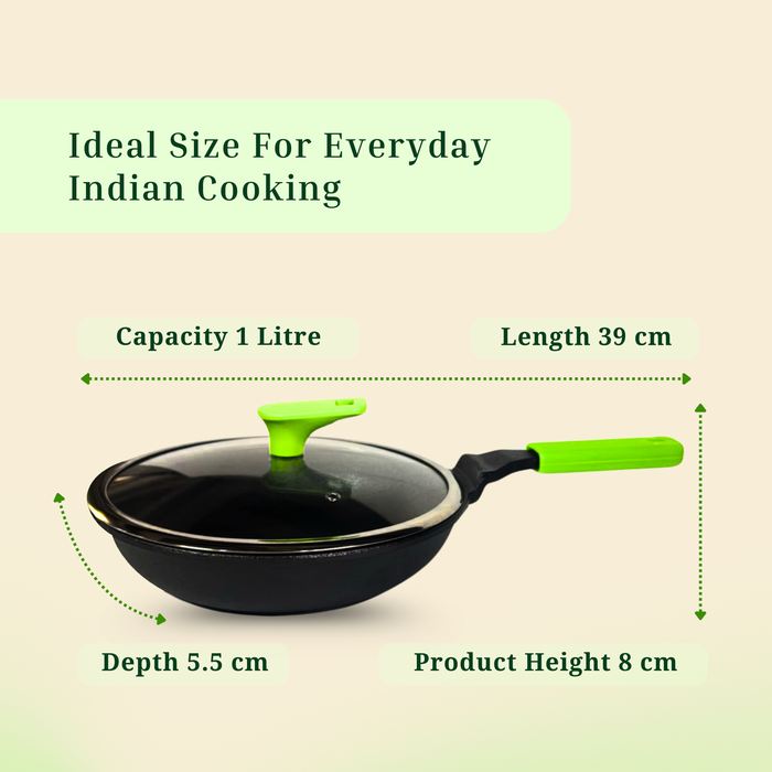 Ironium Cast Iron Pre-Seasoned Frying Pan with Glass Lid 20 cm With Long Handle and Silicone Grip
