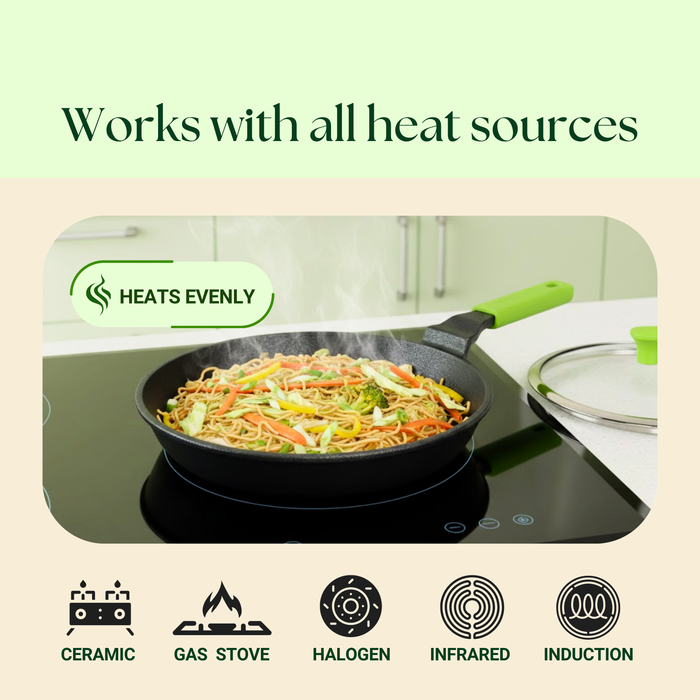 Ironium Cast Iron Pre-Seasoned Frying Pan with Glass Lid 20 cm With Long Handle and Silicone Grip