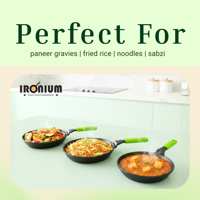 Ironium Cast Iron Pre-Seasoned Frying Pan with Glass Lid 20 cm With Long Handle and Silicone Grip