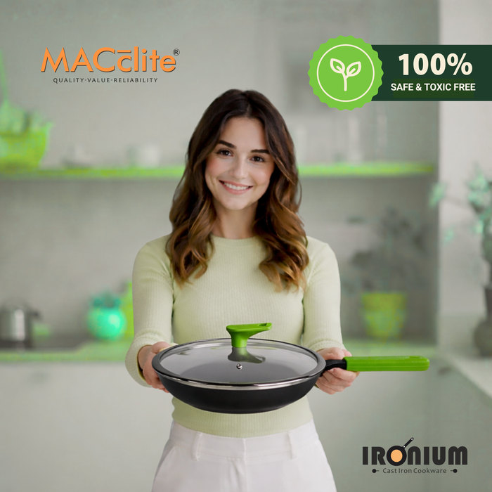 Ironium Cast Iron Pre-Seasoned Frying Pan with Glass Lid 20 cm With Long Handle and Silicone Grip