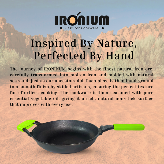 Ironium Cast Iron Pre-Seasoned Frying Pan With Long & Side Handle and Silicone Grips