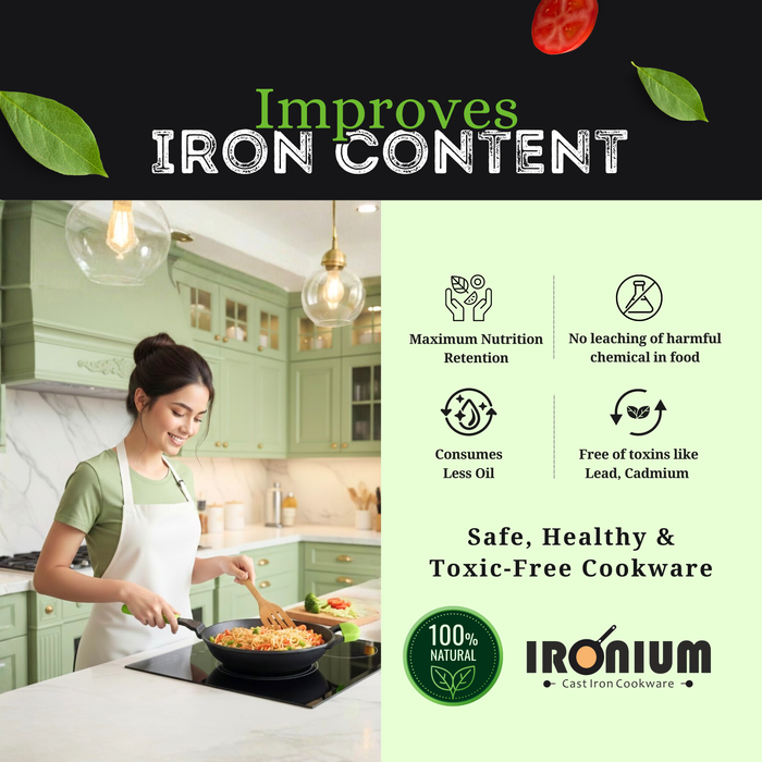 Ironium Cast Iron Pre-Seasoned Frying Pan With Long & Side Handle and Silicone Grips