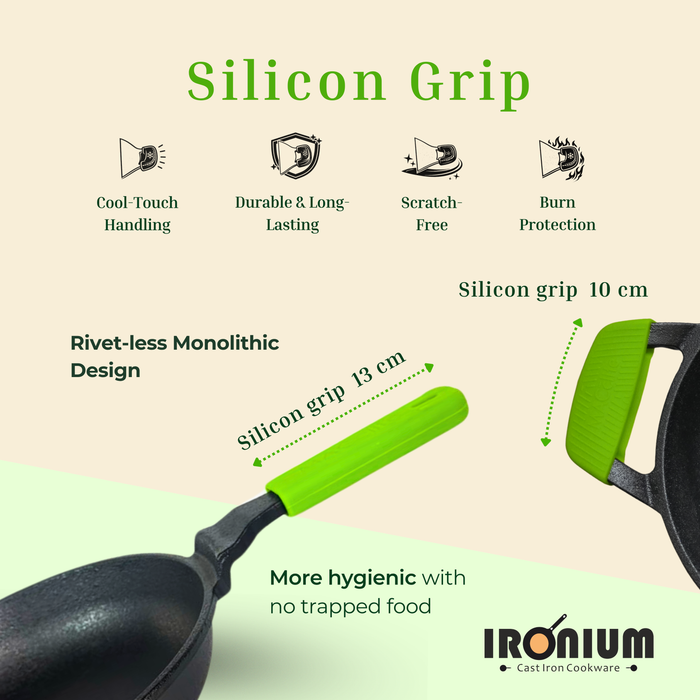 Ironium Cast Iron Pre-Seasoned Frying Pan With Long & Side Handle and Silicone Grips