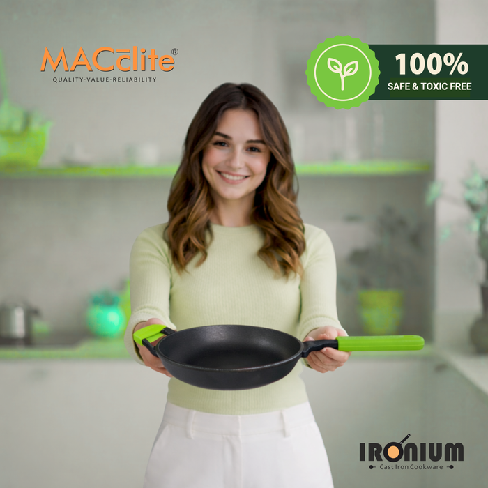 Ironium Cast Iron Pre-Seasoned Frying Pan With Long & Side Handle and Silicone Grips