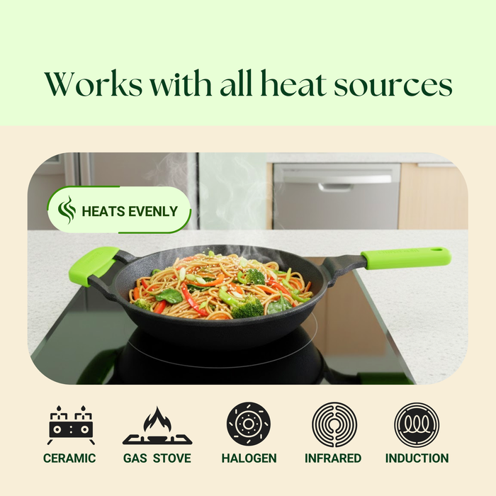 Ironium Cast Iron Pre-Seasoned Frying Pan With Long & Side Handle and Silicone Grips