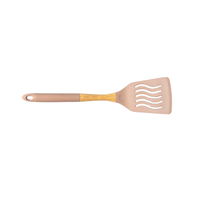 ButterScotch Silicone Kitchen Tool Set With Pentagon Wooden Stand 6 Pc Set (Stand, Skimmer, Spoon,Laddle,Turner, Slotted Turner)
