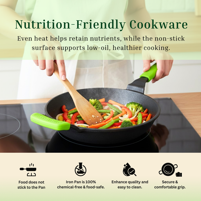 Ironium Cast Iron Pre-Seasoned Frying Pan With Long & Side Handle and Silicone Grips