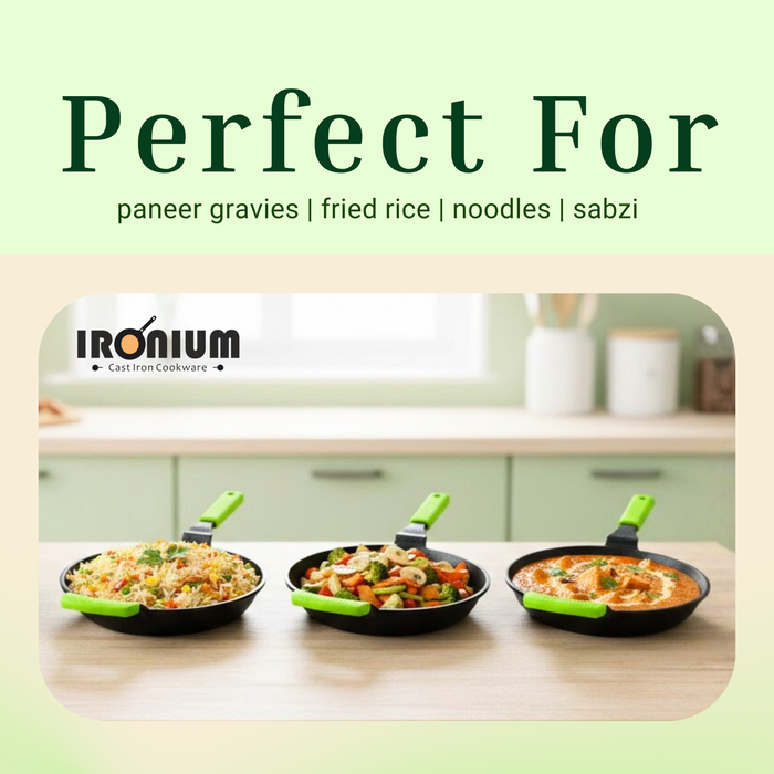 Ironium Cast Iron Pre-Seasoned Frying Pan With Long & Side Handle and Silicone Grips