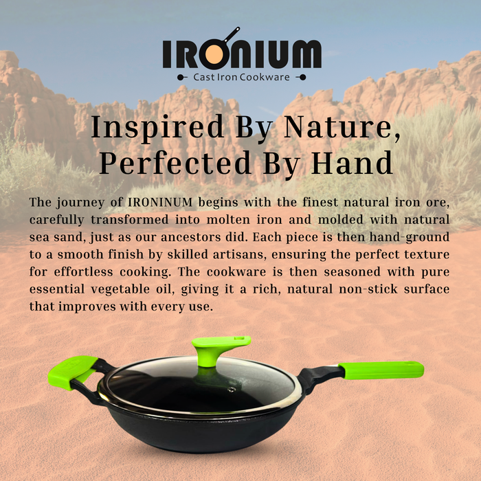 Ironium Cast Iron Pre-Seasoned Frying Pan with Glass Lid  With Long Handle and Silicone Grip