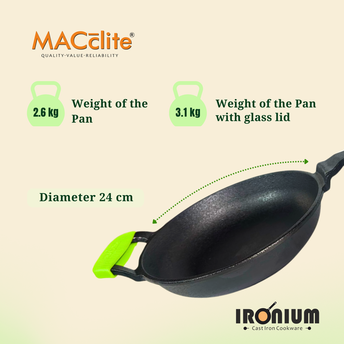 Ironium Cast Iron Pre-Seasoned Frying Pan with Glass Lid  With Long Handle and Silicone Grip