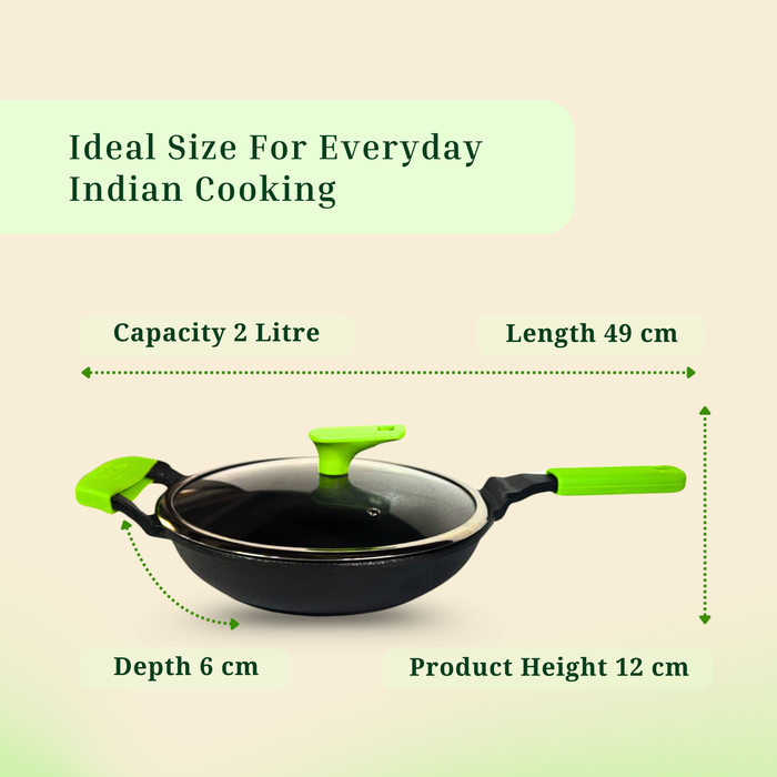 Ironium Cast Iron Pre-Seasoned Frying Pan with Glass Lid  With Long Handle and Silicone Grip