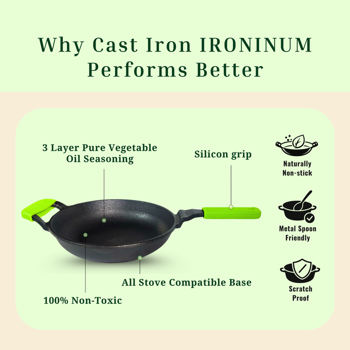 Ironium Cast Iron Pre-Seasoned Frying Pan with Glass Lid  With Long Handle and Silicone Grip