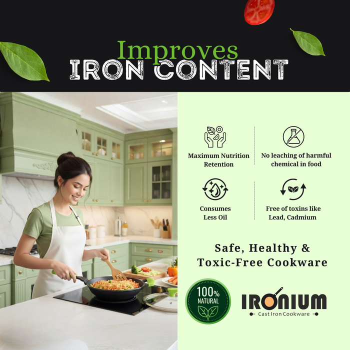 Ironium Cast Iron Pre-Seasoned Frying Pan with Glass Lid  With Long Handle and Silicone Grip