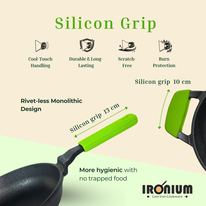 Ironium Cast Iron Pre-Seasoned Frying Pan with Glass Lid  With Long Handle and Silicone Grip