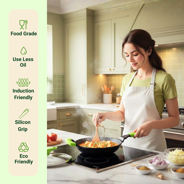 Ironium Cast Iron Pre-Seasoned Frying Pan with Glass Lid  With Long Handle and Silicone Grip