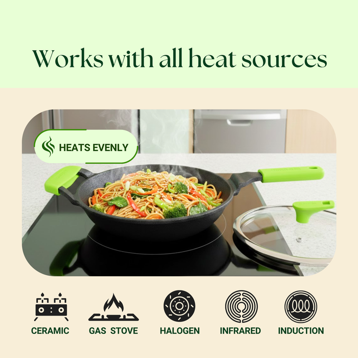 Ironium Cast Iron Pre-Seasoned Frying Pan with Glass Lid  With Long Handle and Silicone Grip