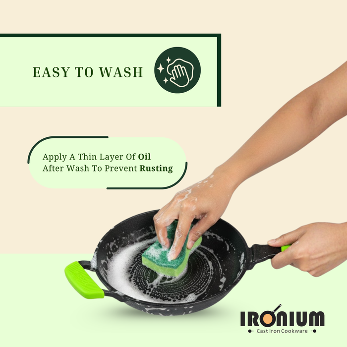 Ironium Cast Iron Pre-Seasoned Frying Pan with Glass Lid  With Long Handle and Silicone Grip