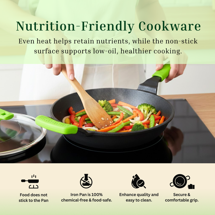Ironium Cast Iron Pre-Seasoned Frying Pan with Glass Lid  With Long Handle and Silicone Grip
