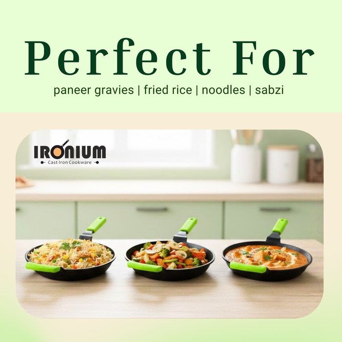 Ironium Cast Iron Pre-Seasoned Frying Pan with Glass Lid  With Long Handle and Silicone Grip