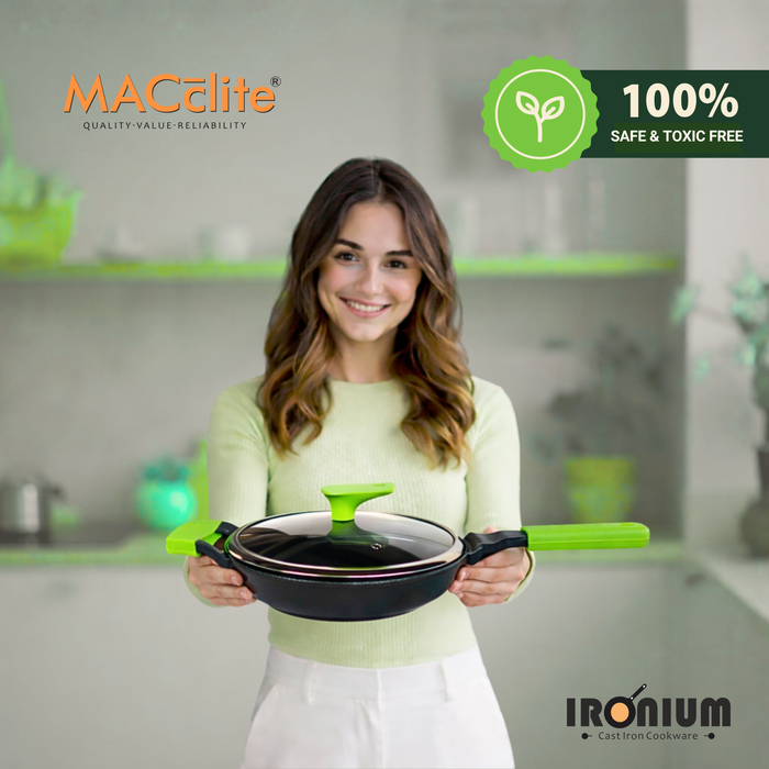 Ironium Cast Iron Pre-Seasoned Frying Pan with Glass Lid  With Long Handle and Silicone Grip