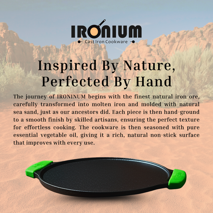 Ironium Cast Iron Pre-Seasoned Flat Tawa 30cm with 2 Side Handles and Silicone Grips