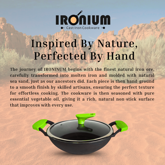 Ironium Cast Iron Pre-Seasoned Kadai With Glass Lid With 2 Side Handle and Silicone Grips