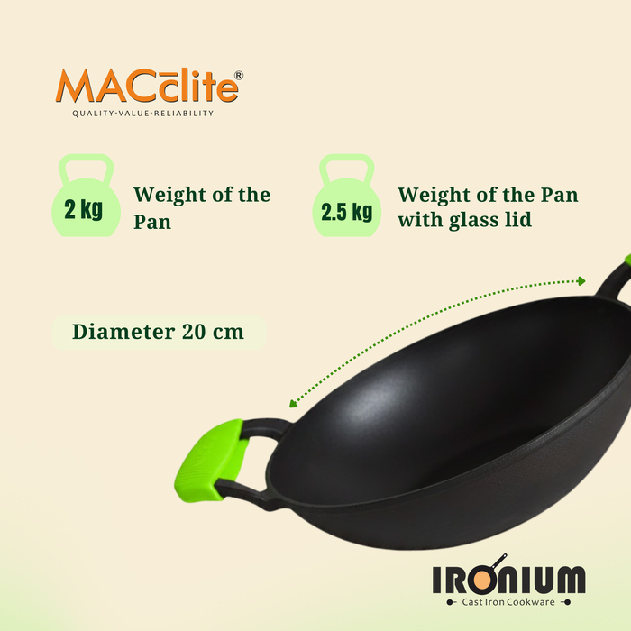 Ironium Cast Iron Pre-Seasoned Kadai With Glass Lid With 2 Side Handle and Silicone Grips