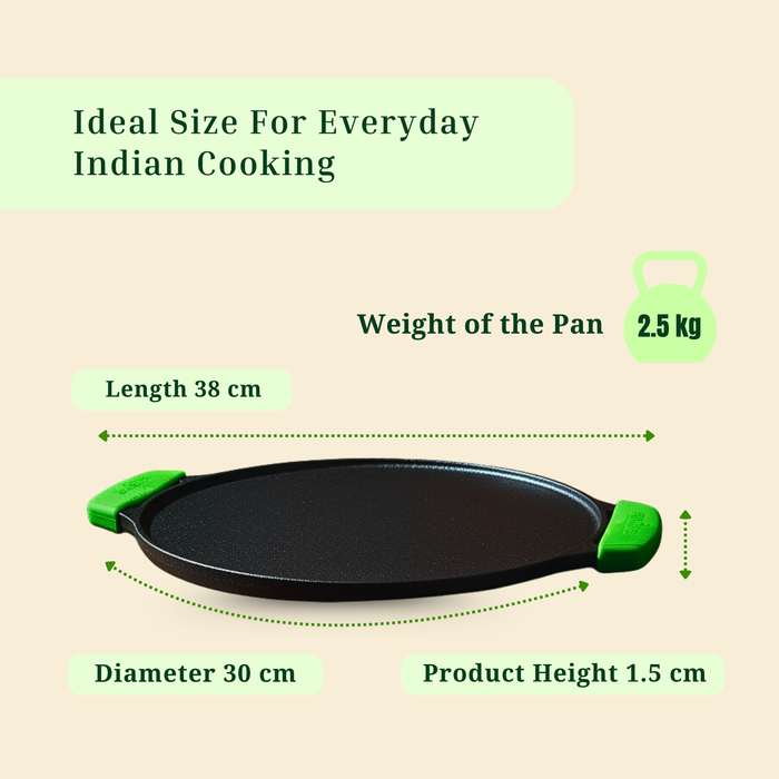 Ironium Cast Iron Pre-Seasoned Flat Tawa 30cm with 2 Side Handles and Silicone Grips
