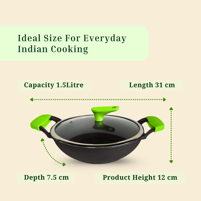 Ironium Cast Iron Pre-Seasoned Kadai With Glass Lid With 2 Side Handle and Silicone Grips