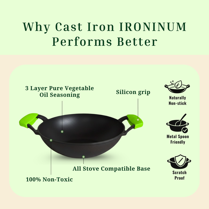 Ironium Cast Iron Pre-Seasoned Kadai With Glass Lid With 2 Side Handle and Silicone Grips