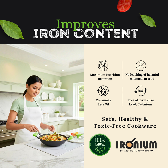 Ironium Cast Iron Pre-Seasoned Kadai With Glass Lid With 2 Side Handle and Silicone Grips
