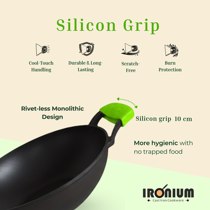 Ironium Cast Iron Pre-Seasoned Kadai With Glass Lid With 2 Side Handle and Silicone Grips