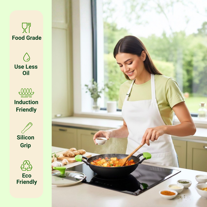 Ironium Cast Iron Pre-Seasoned Kadai With Glass Lid With 2 Side Handle and Silicone Grips