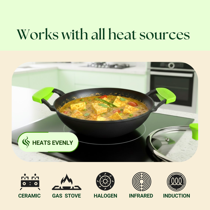 Ironium Cast Iron Pre-Seasoned Kadai With Glass Lid With 2 Side Handle and Silicone Grips