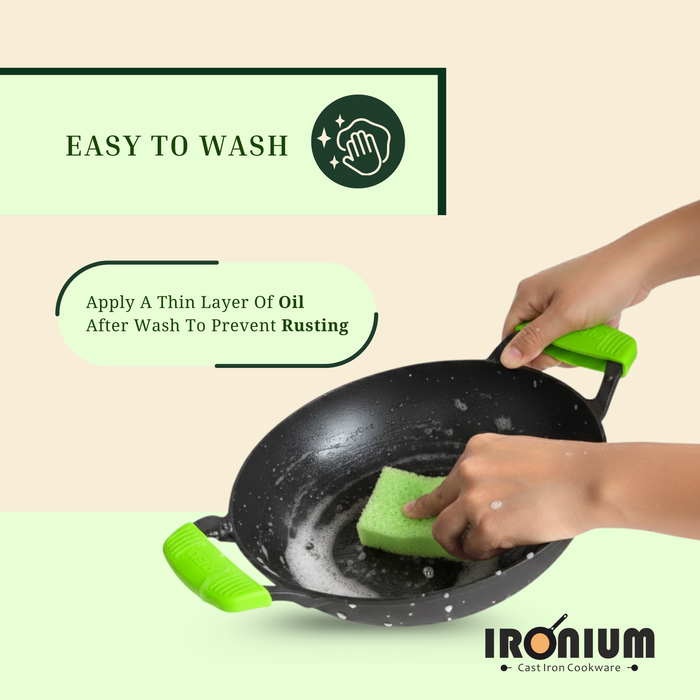 Ironium Cast Iron Pre-Seasoned Kadai With Glass Lid With 2 Side Handle and Silicone Grips