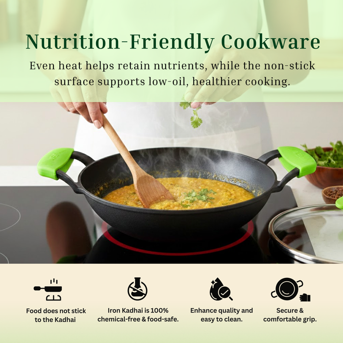 Ironium Cast Iron Pre-Seasoned Kadai With Glass Lid With 2 Side Handle and Silicone Grips