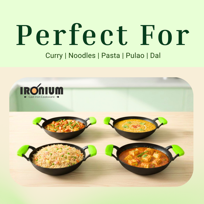 Ironium Cast Iron Pre-Seasoned Kadai With Glass Lid With 2 Side Handle and Silicone Grips