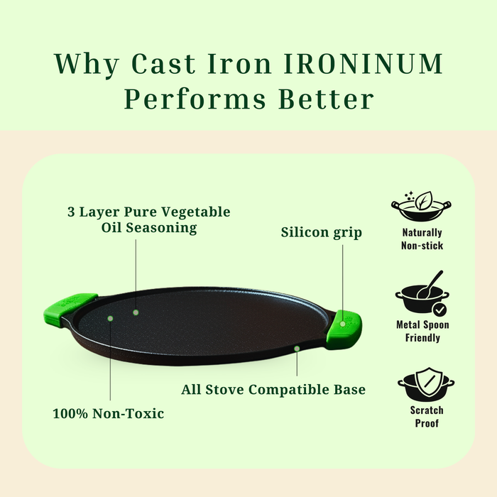Ironium Cast Iron Pre-Seasoned Flat Tawa 30cm with 2 Side Handles and Silicone Grips