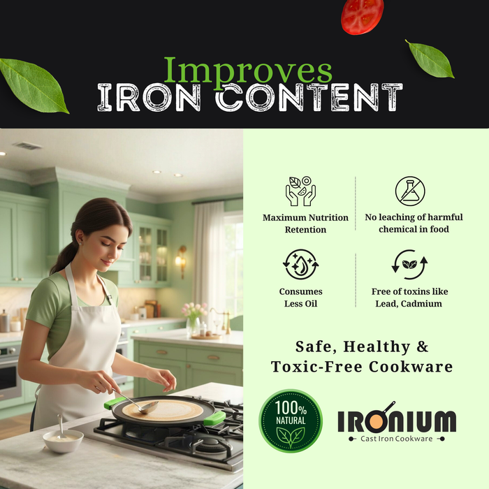 Ironium Cast Iron Pre-Seasoned Flat Tawa 30cm with 2 Side Handles and Silicone Grips