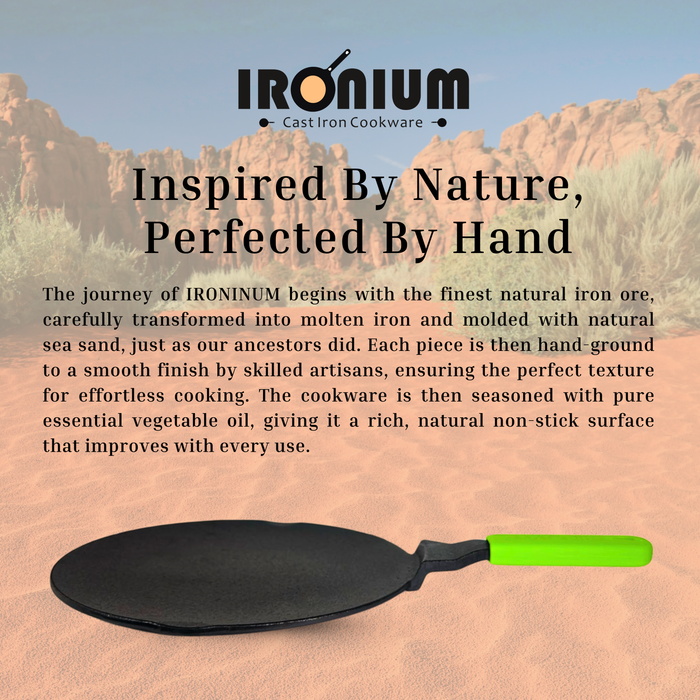 Ironium Cast Iron Pre-Seasoned Concave Tawa with Long Handle and Silicone Grip