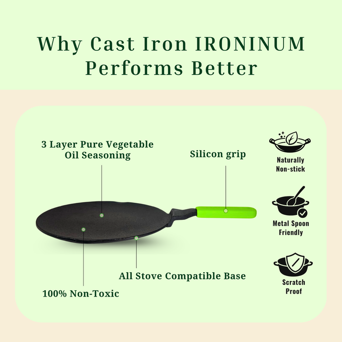 Ironium Cast Iron Pre-Seasoned Concave Tawa with Long Handle and Silicone Grip