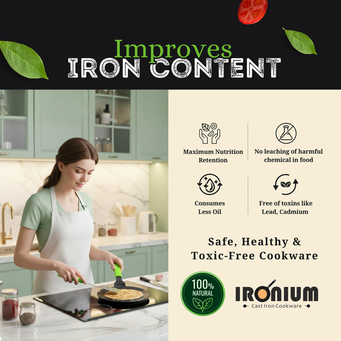 Ironium Cast Iron Pre-Seasoned Concave Tawa with Long Handle and Silicone Grip