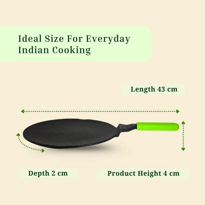 Ironium Cast Iron Pre-Seasoned Concave Tawa with Long Handle and Silicone Grip