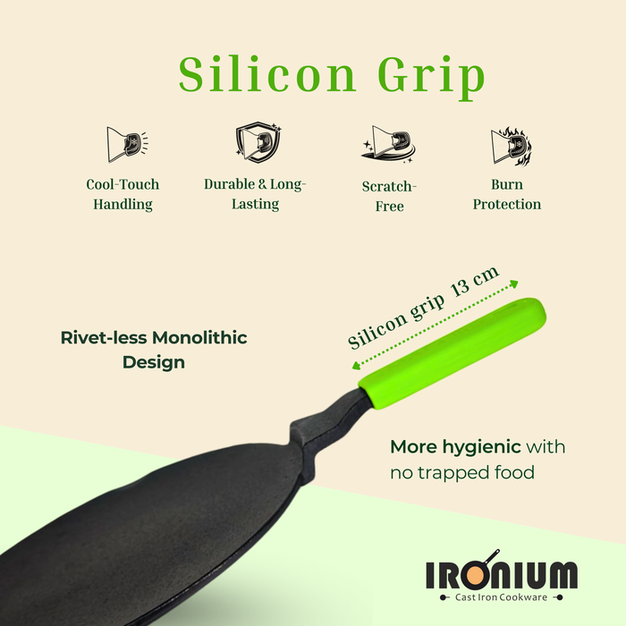 Ironium Cast Iron Pre-Seasoned Concave Tawa with Long Handle and Silicone Grip