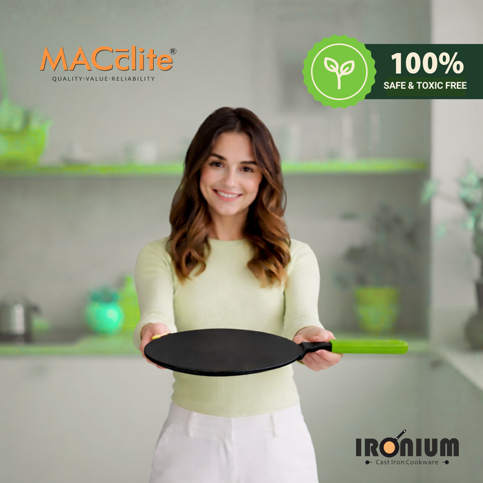 Ironium Cast Iron Pre-Seasoned Concave Tawa with Long Handle and Silicone Grip